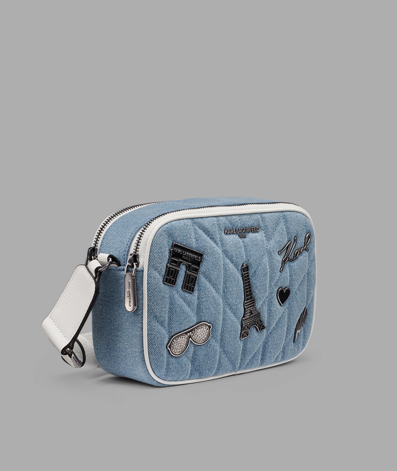 MAYBELLE DENIM CROSSBODY WITH PARIS PINS View 2 | The Handbag Edit