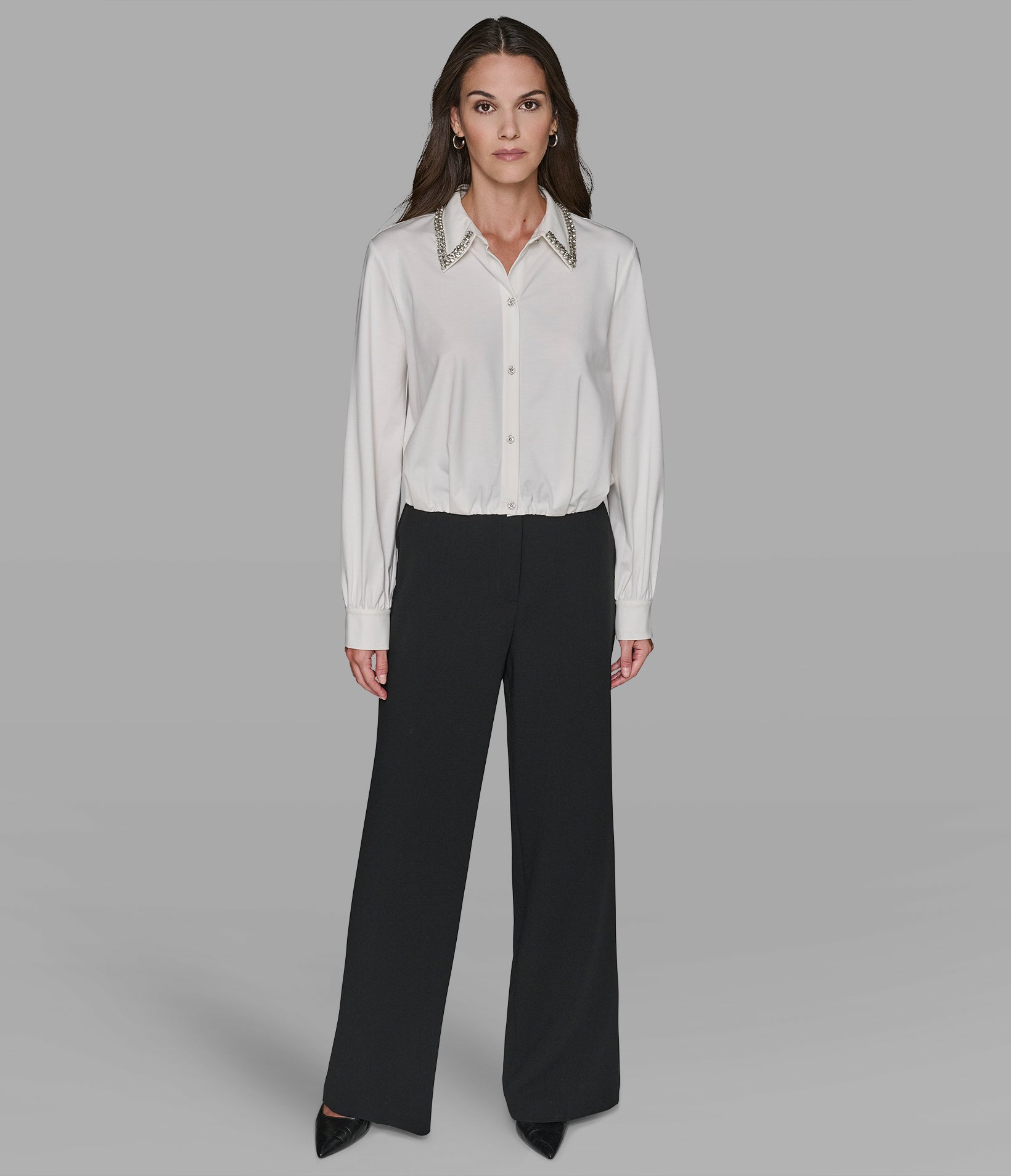 LONG SLEEVE EMBELLISHED SATIN BLOUSE VIEW 4