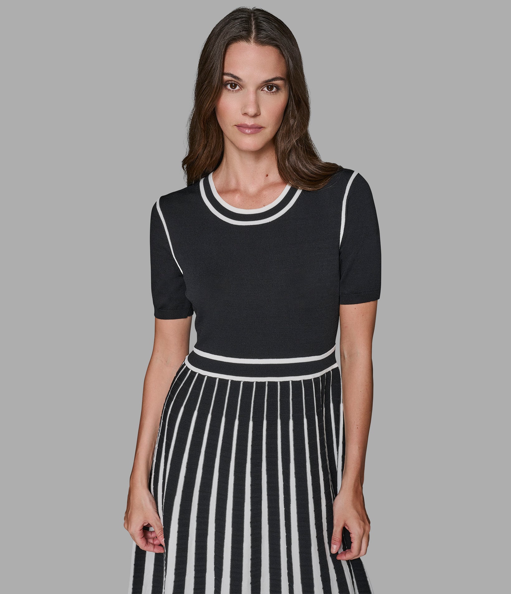 SHORT SLEEVE A-LINE SWEATER DRESS WITH CONTRAST TRIM VIEW 4 | Women's Dresses & Jumpsuits
