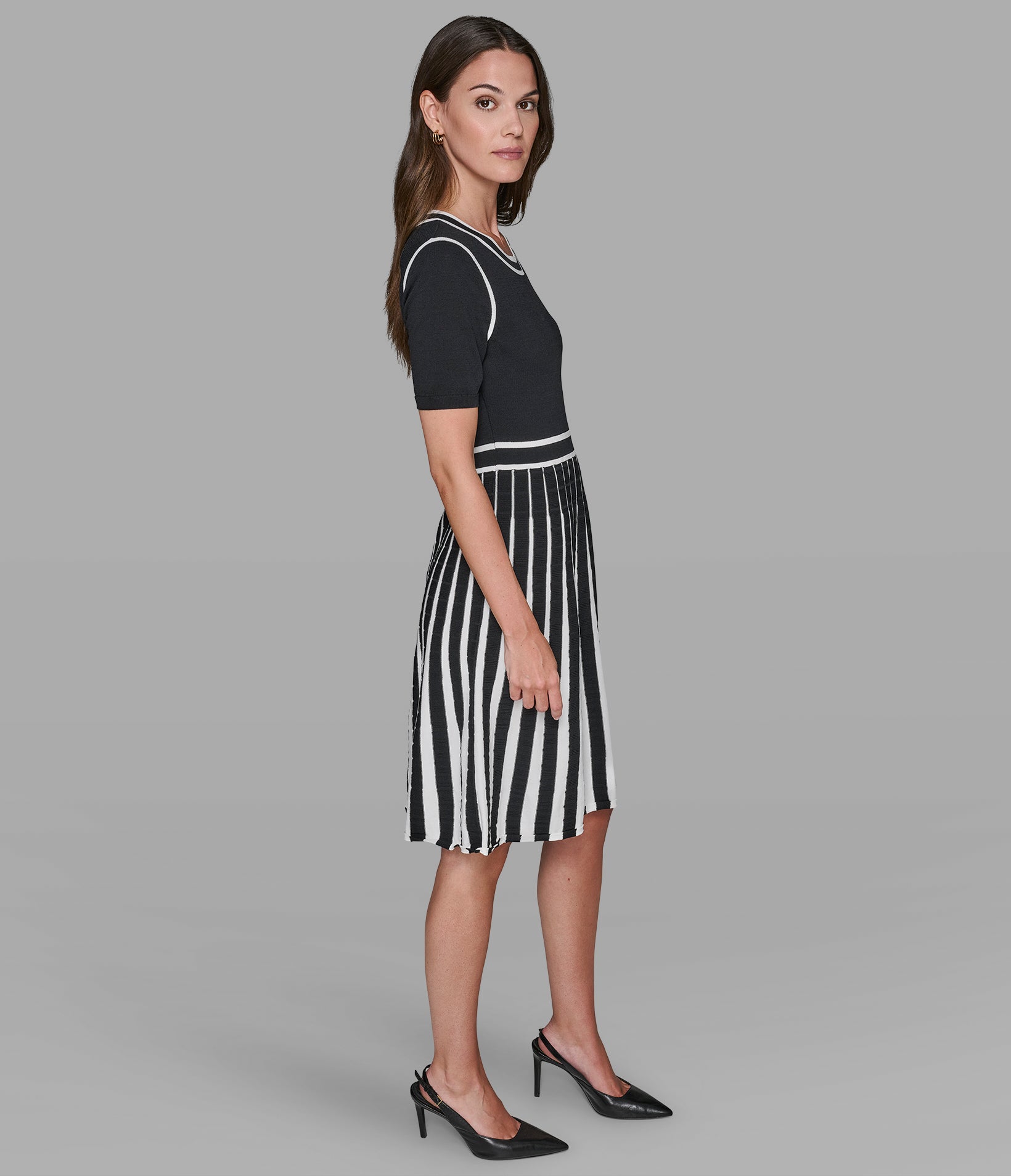 SHORT SLEEVE A-LINE SWEATER DRESS WITH CONTRAST TRIM VIEW 3 | Women's Dresses & Jumpsuits