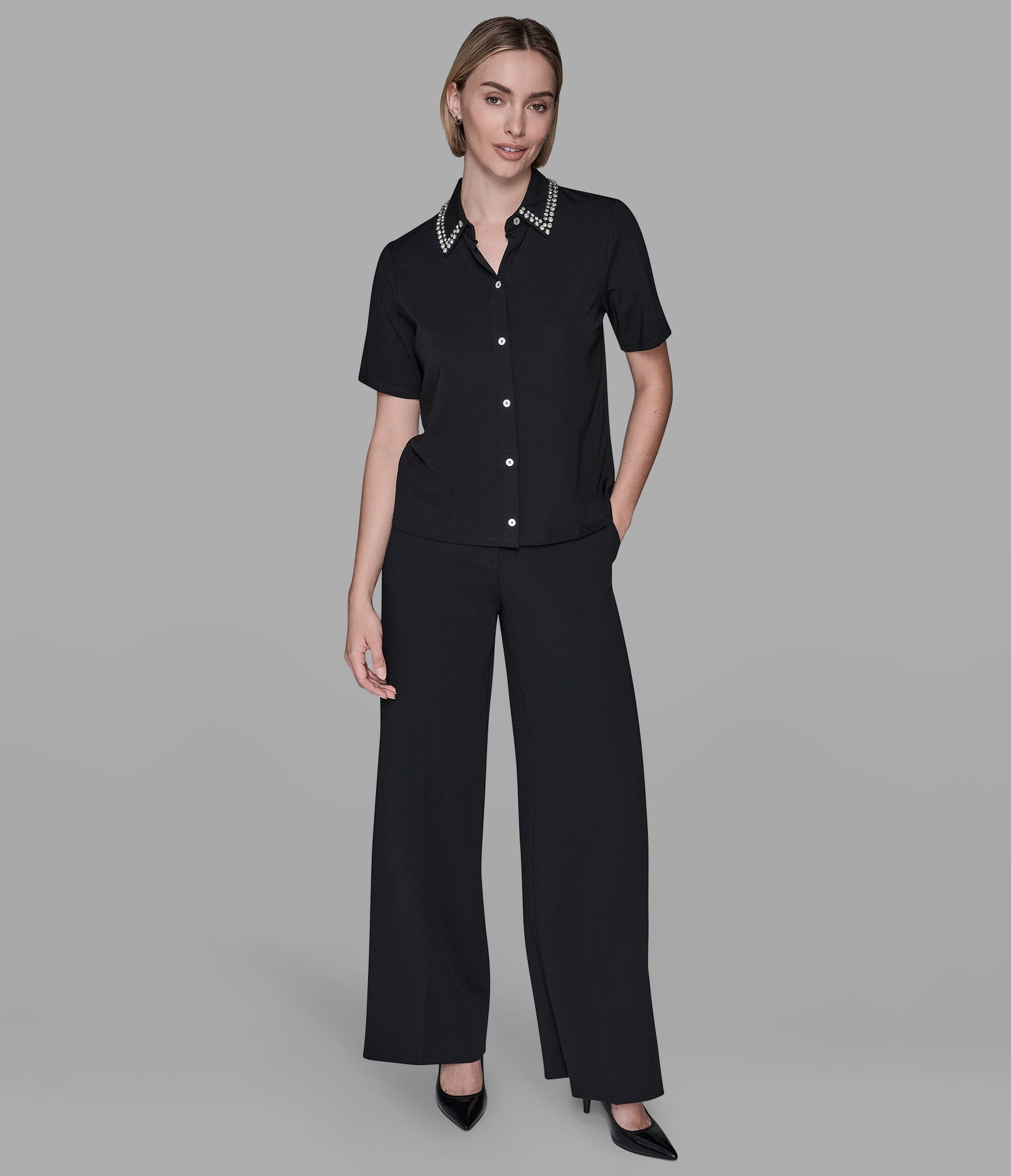 SHORT SLEEVE KNIT TOP WITH EMBELLISHED COLLAR VIEW 3 | Women's Sale