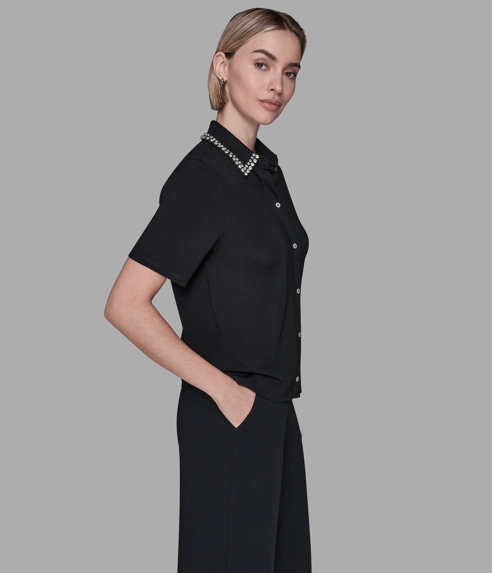 SHORT SLEEVE KNIT TOP WITH EMBELLISHED COLLAR VIEW 4 | Women's Sale