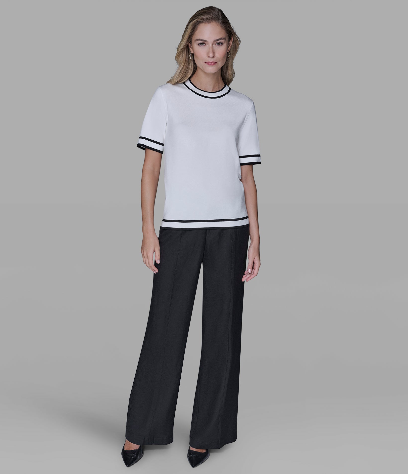 SHORT SLEEVE CONTRAST TRIM SWEATER View 1 | Women's Tops & Sweaters