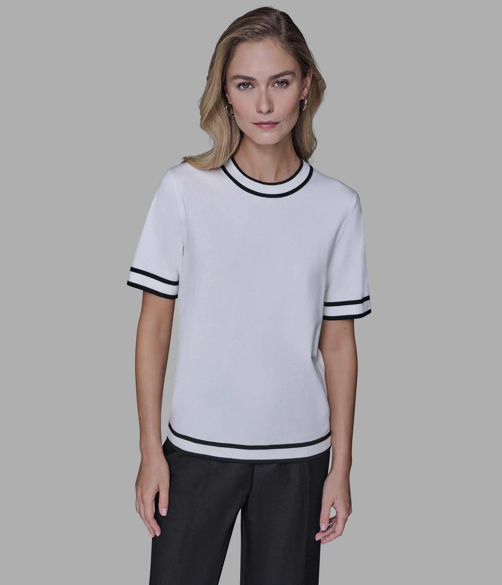 SHORT SLEEVE CONTRAST TRIM SWEATER VIEW 3 | Women's Tops & Sweaters