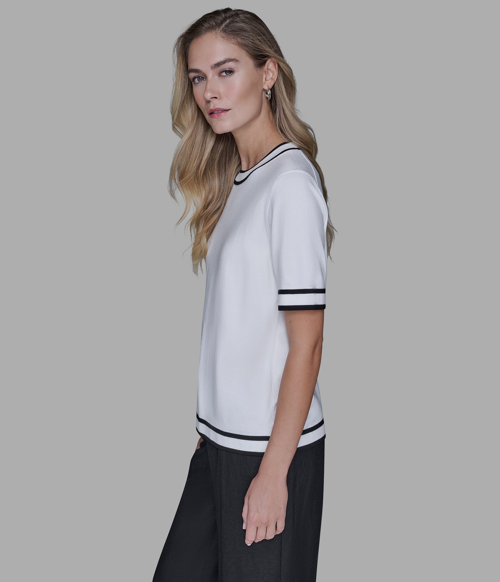 SHORT SLEEVE CONTRAST TRIM SWEATER VIEW 4 | Women's Tops & Sweaters