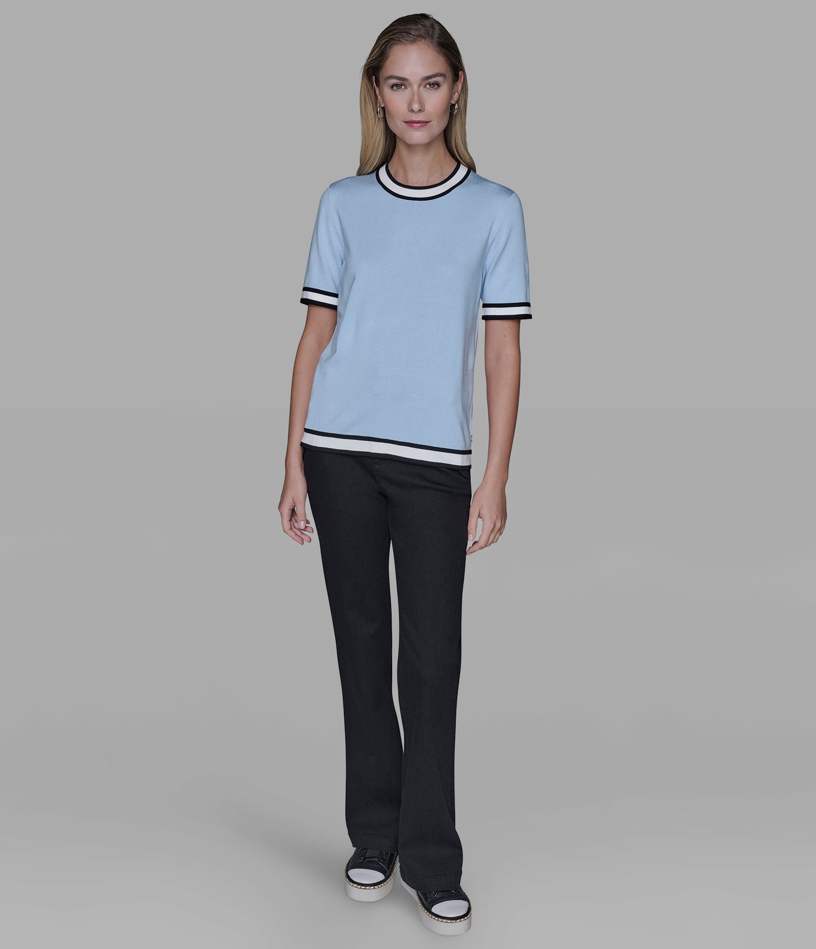SHORT SLEEVE CONTRAST TRIM SWEATER VIEW 4