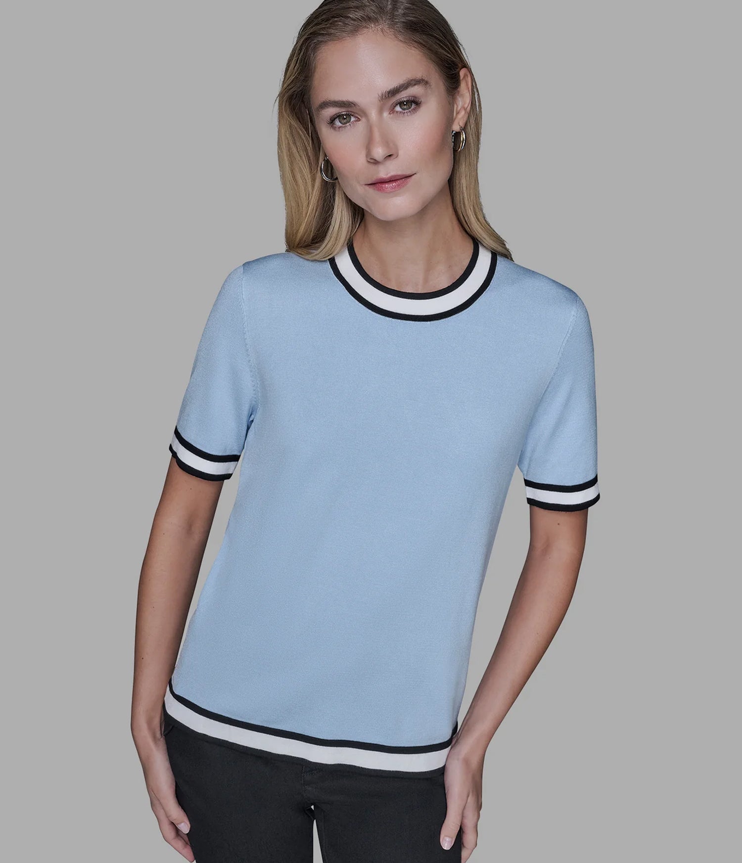 SHORT SLEEVE CONTRAST TRIM SWEATER View 1 | Women's Tops & Sweaters