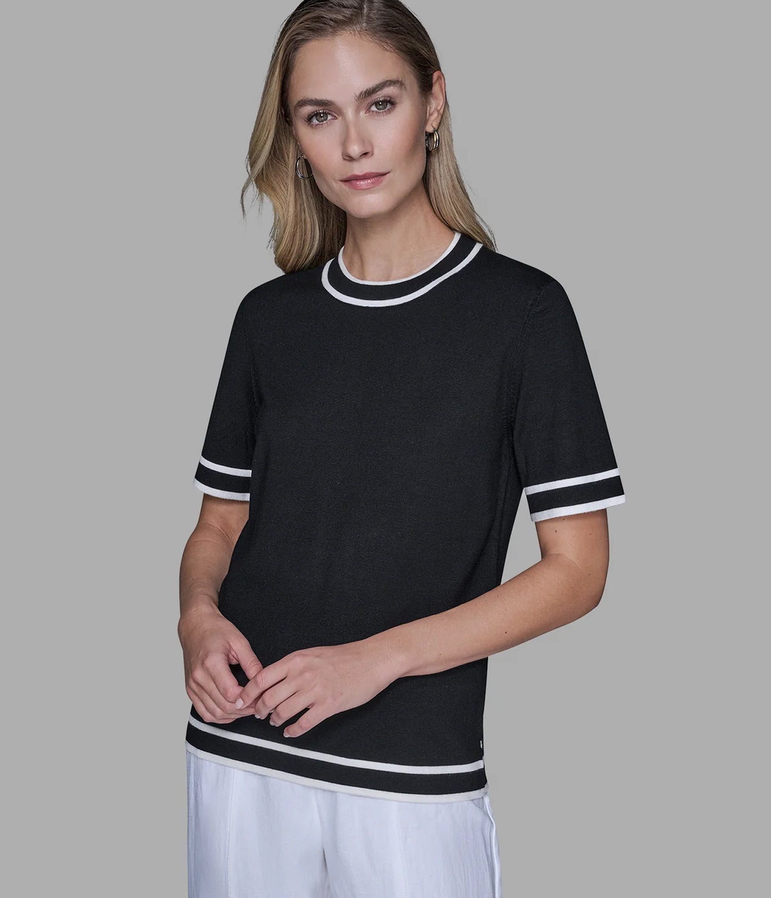 SHORT SLEEVE CONTRAST TRIM SWEATER View 1 | Best Sellers Shop