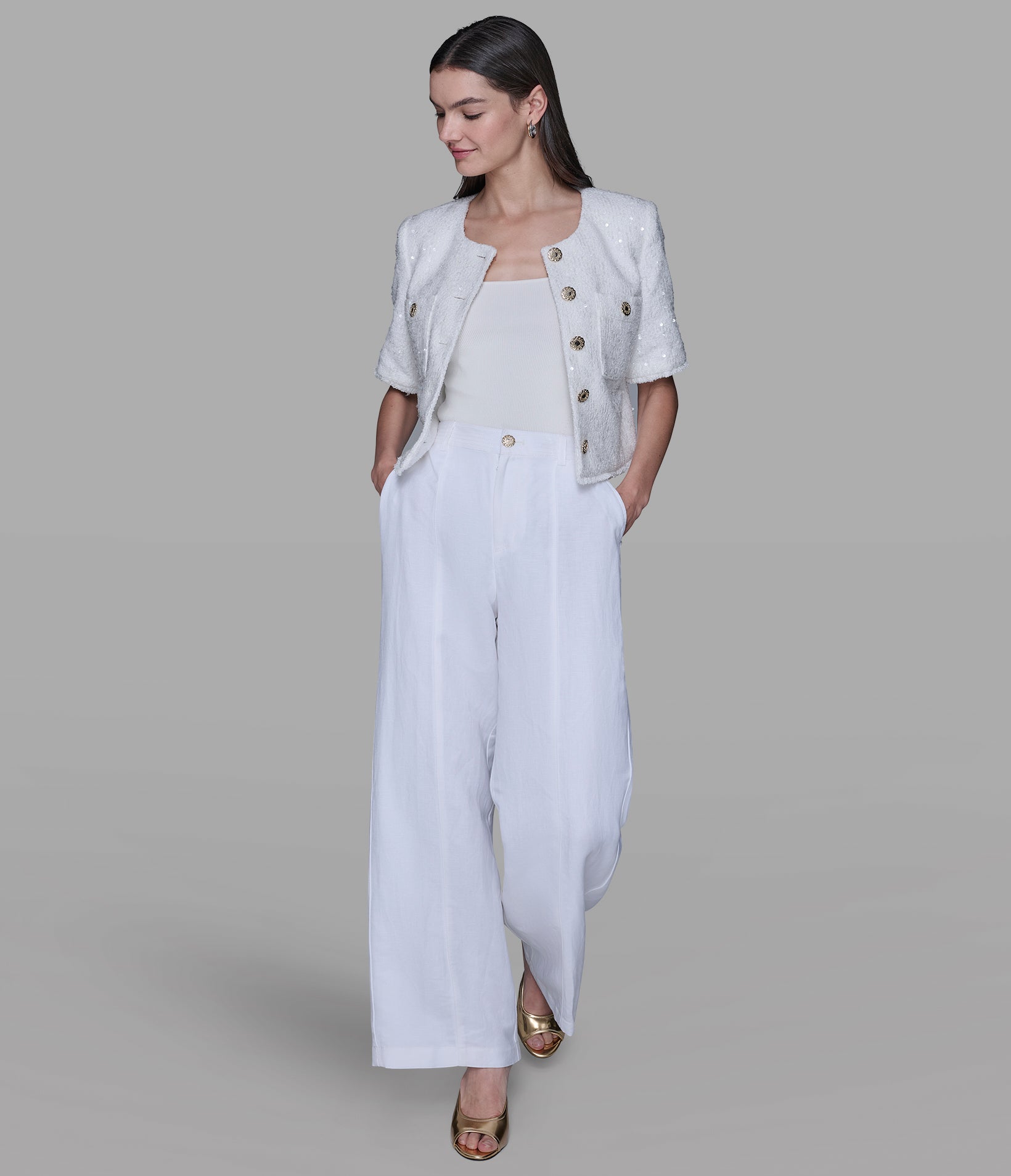 SHORT SLEEVE SHIMMER TWEED JACKET VIEW 4 | Jackets & Coats