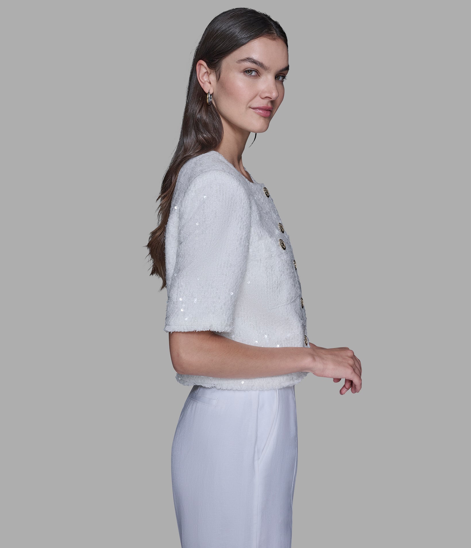 SHORT SLEEVE SHIMMER TWEED JACKET View 2 | Women's Sale