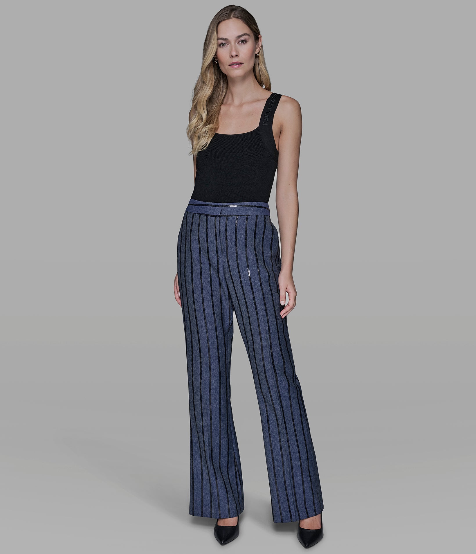 SEQUIN STRIPE DENIM PANT View 1 | Women's Matching Sets