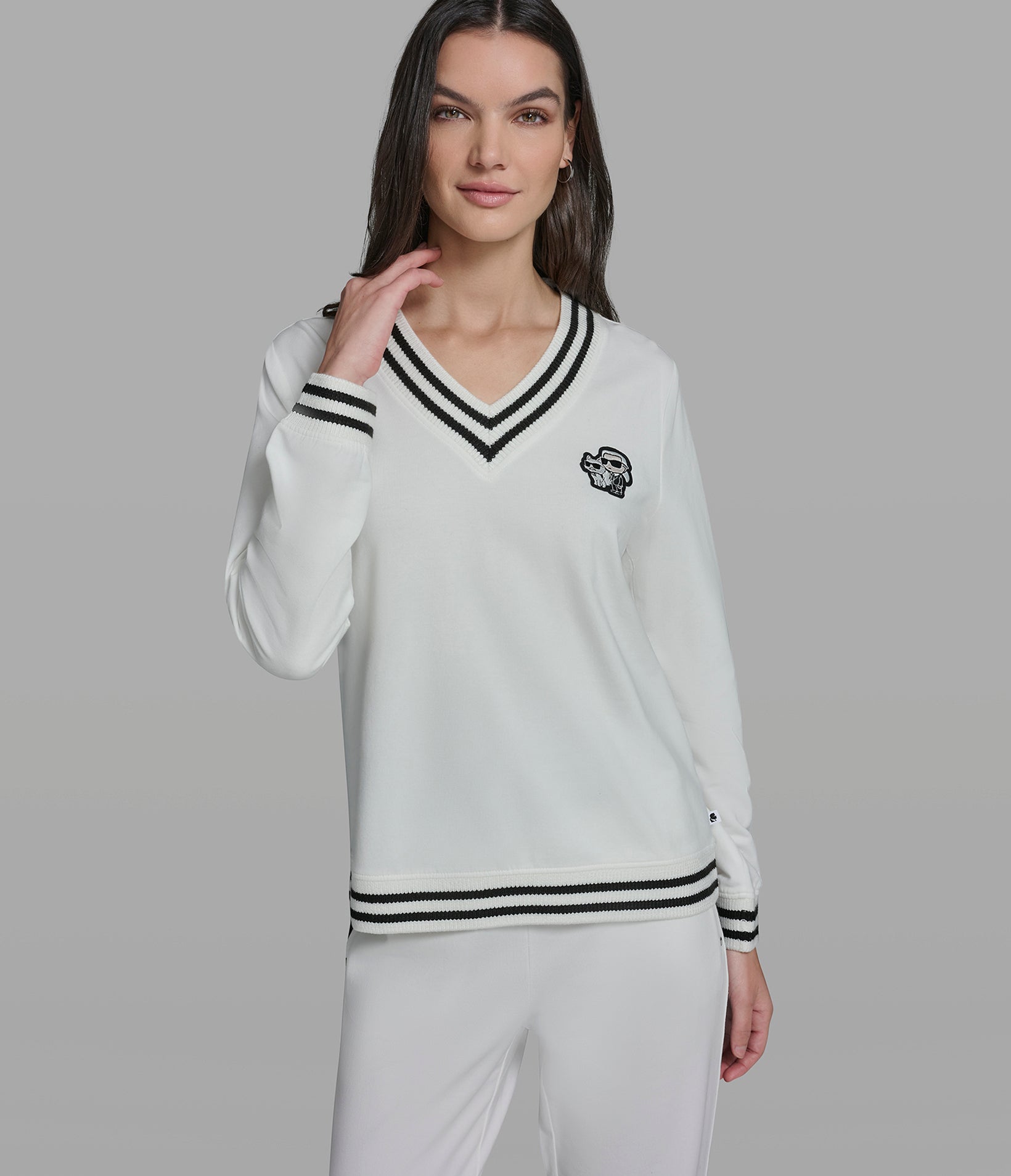 VARSITY PATCH VNECK SWEATSHIRT View 1 | Women's Clothing