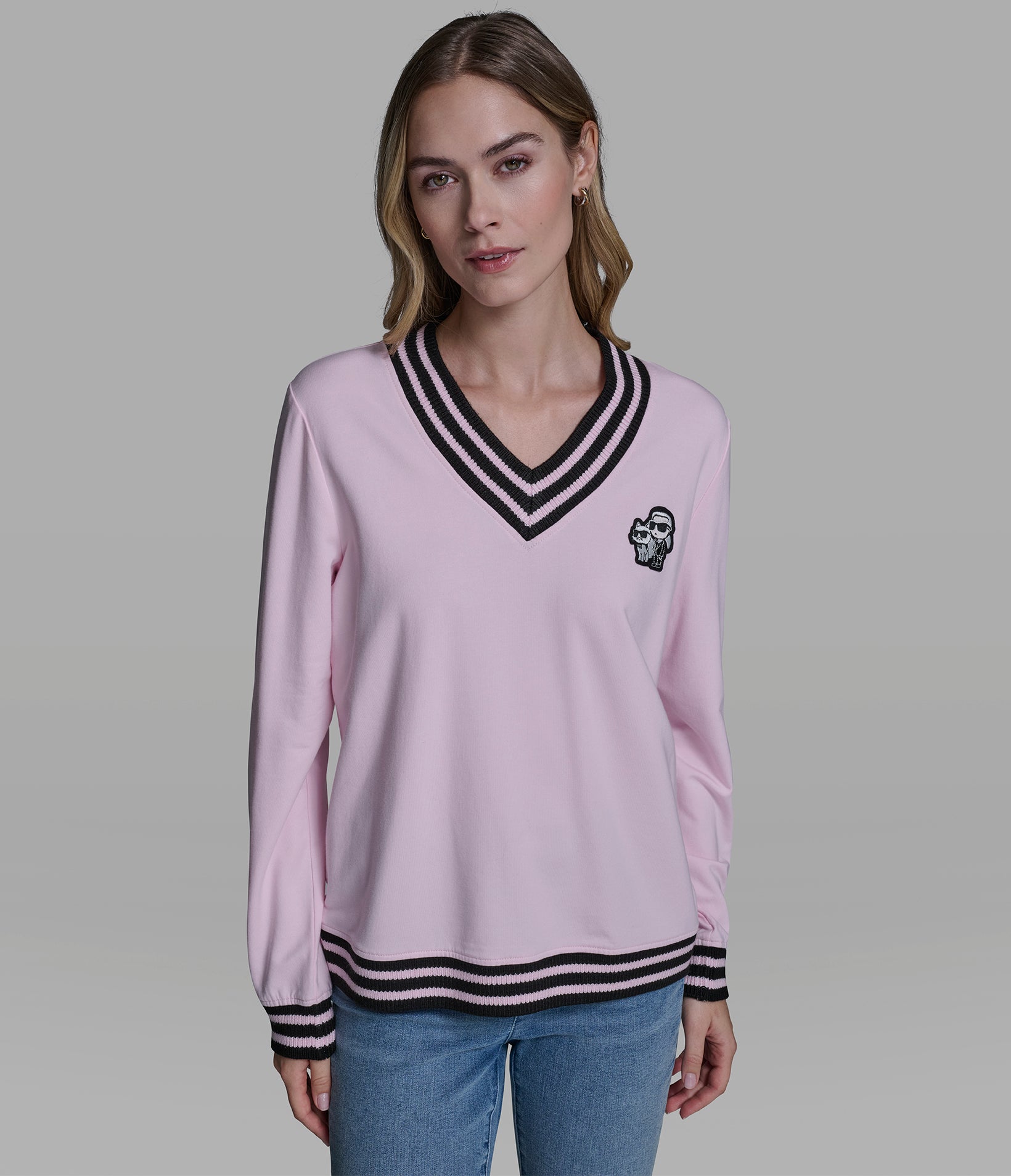 VARSITY PATCH V-NECK SWEATSHIRT View 1 | Women's Tops & Sweaters