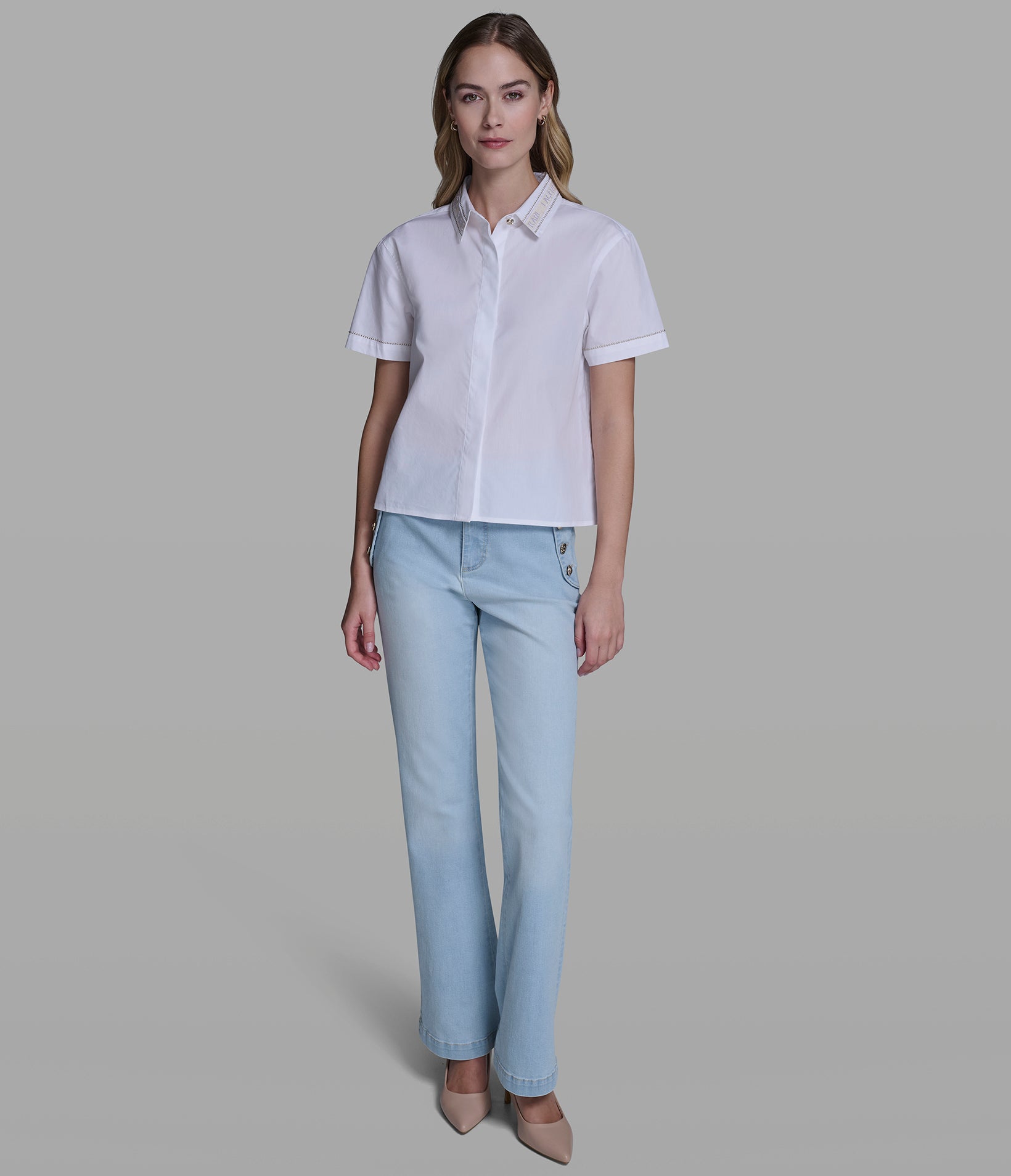 SHORT SLEEVE POPLIN SHIRT WITH EMBELLISHED TRIM View 1 | Women's Clothing