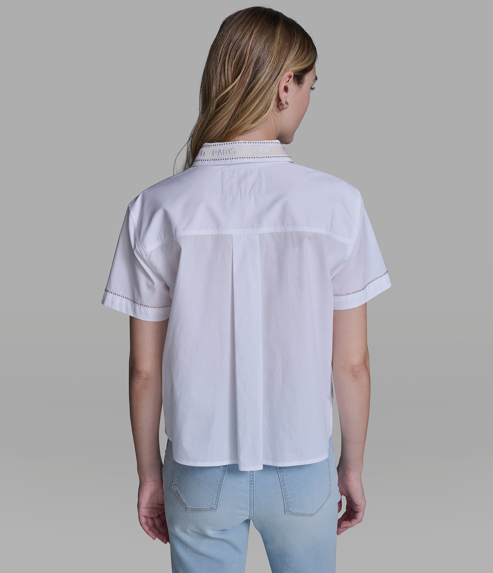 SHORT SLEEVE POPLIN SHIRT WITH EMBELLISHED TRIM VIEW 3 | New Arrivals