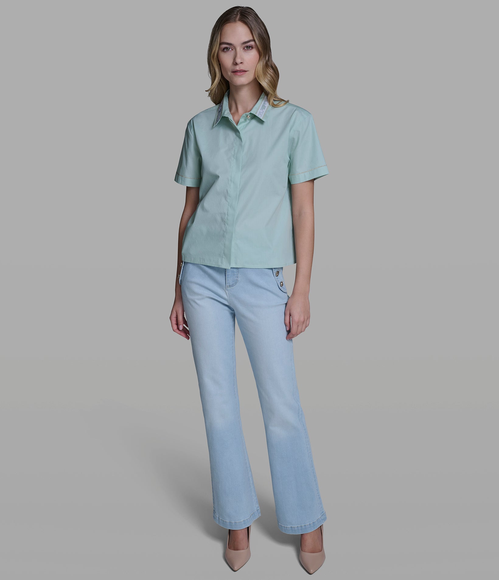 SHORT SLEEVE POPLIN SHIRT WITH EMBELLISHED TRIM View 1 | Women's Clothing