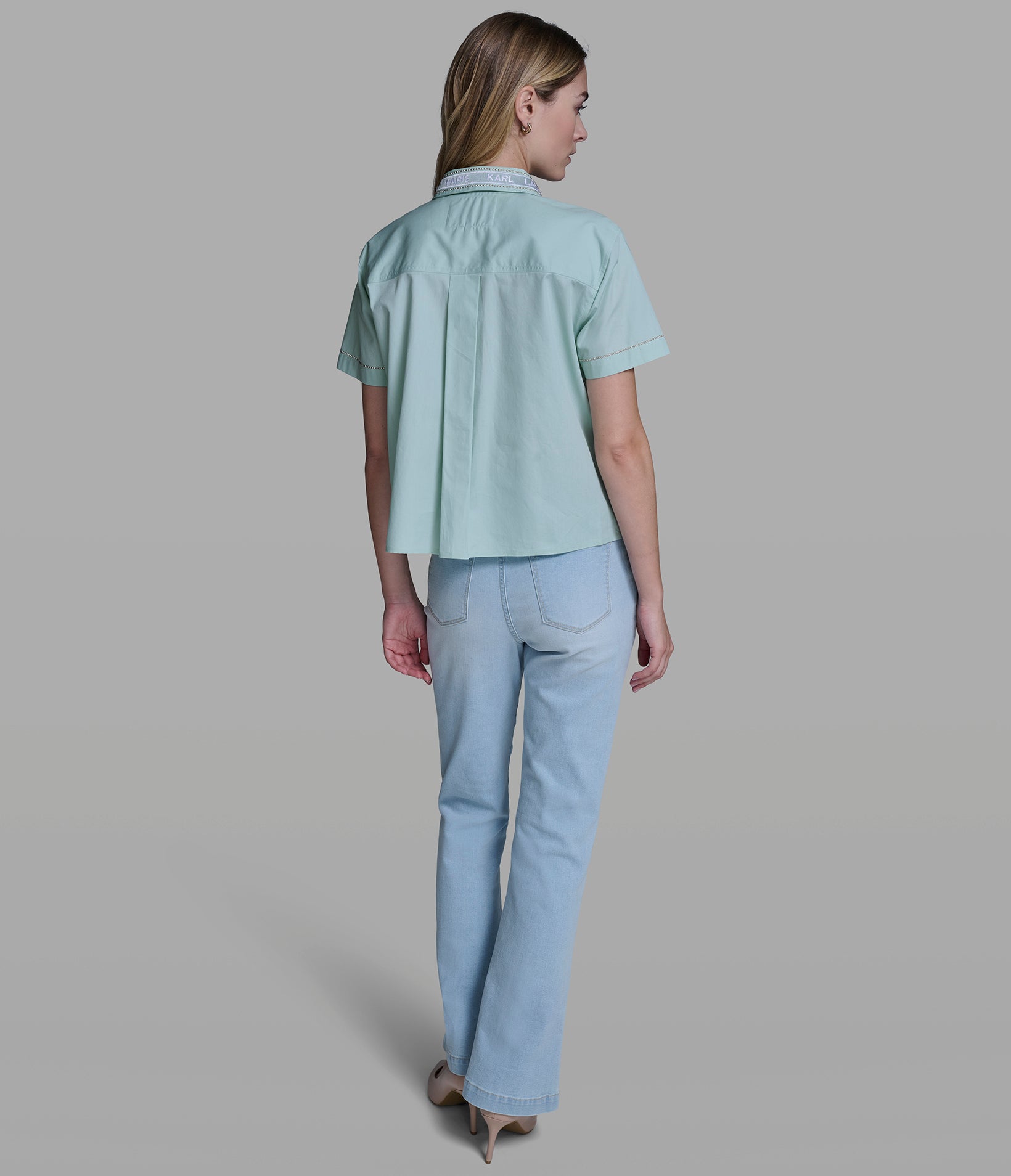 SHORT SLEEVE POPLIN SHIRT WITH EMBELLISHED TRIM VIEW 5 | Women's Clothing