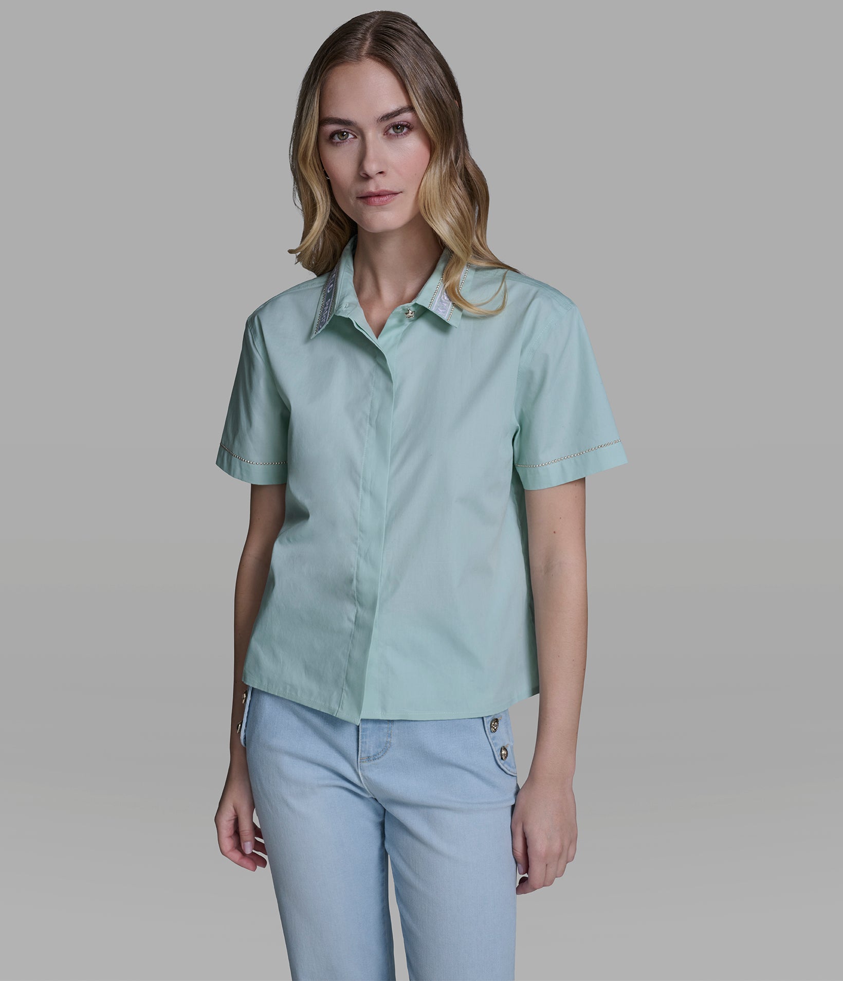 SHORT SLEEVE POPLIN SHIRT WITH EMBELLISHED TRIM VIEW 4 | Women's Clothing