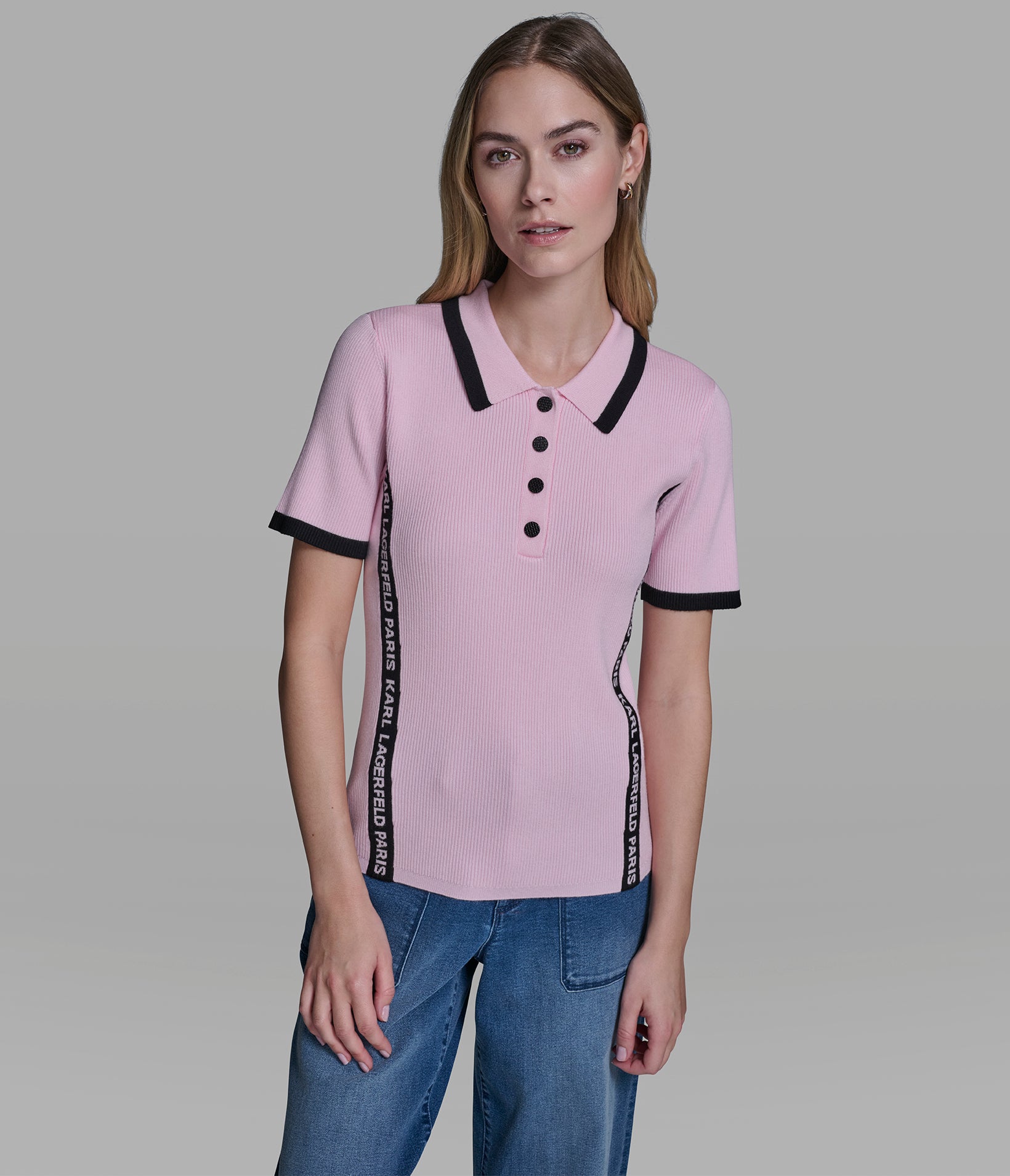 SHORT SLEEVE LOGO TRIM POLO SWEATER View 1 | Women's Tops & Sweaters