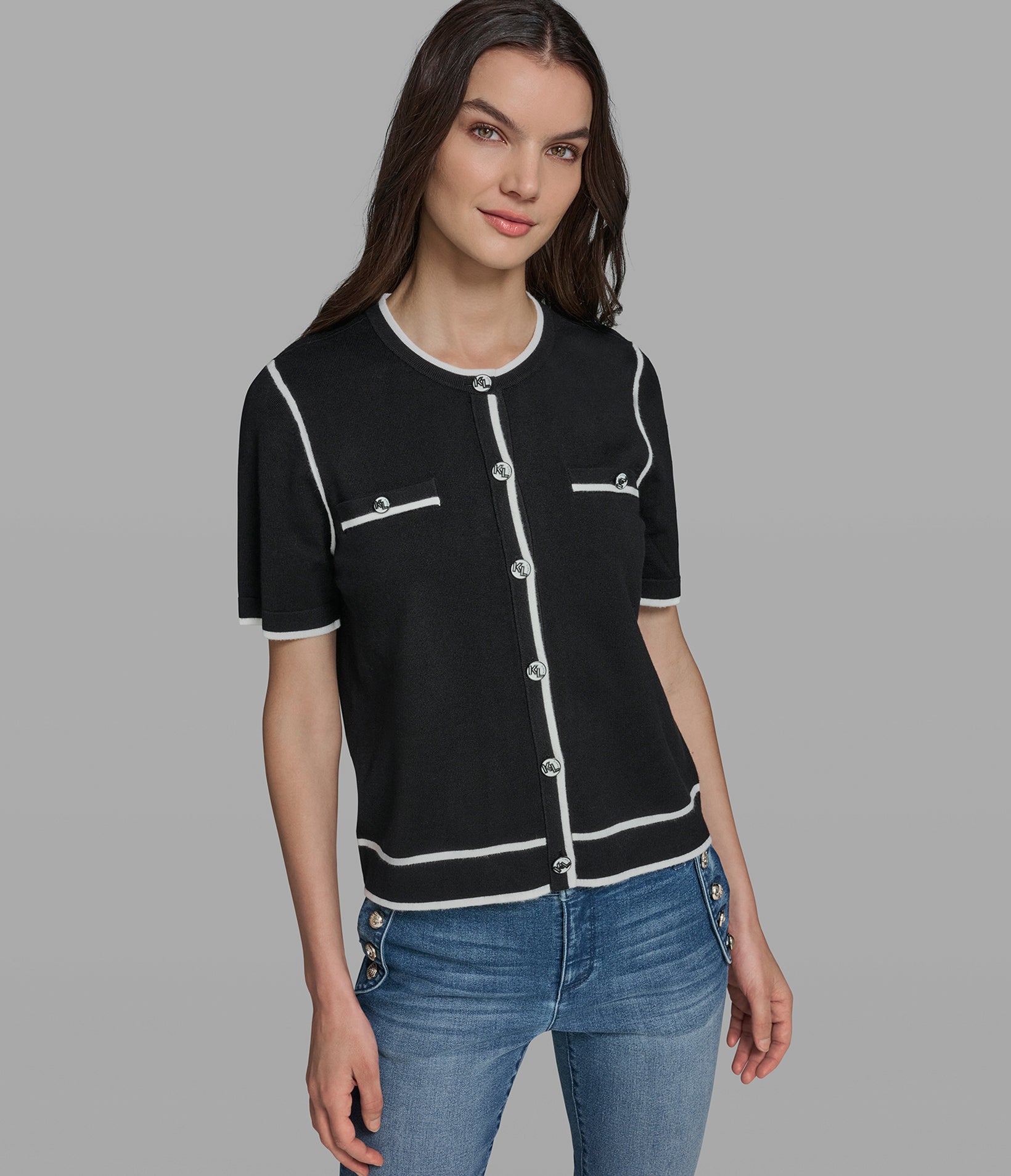 SHORT SLEEVE CARDIGAN WITH CONTRAST TRIM View 1 | Women's Clothing