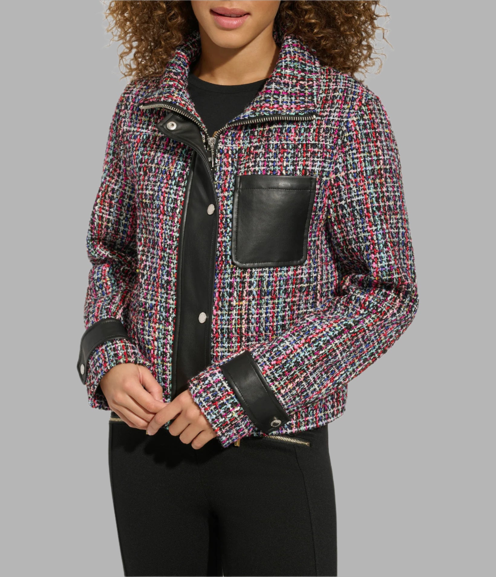 TWEED AND FAUX LEATHER FRONT ZIP JACKET View 1 | Jackets & Coats Sale