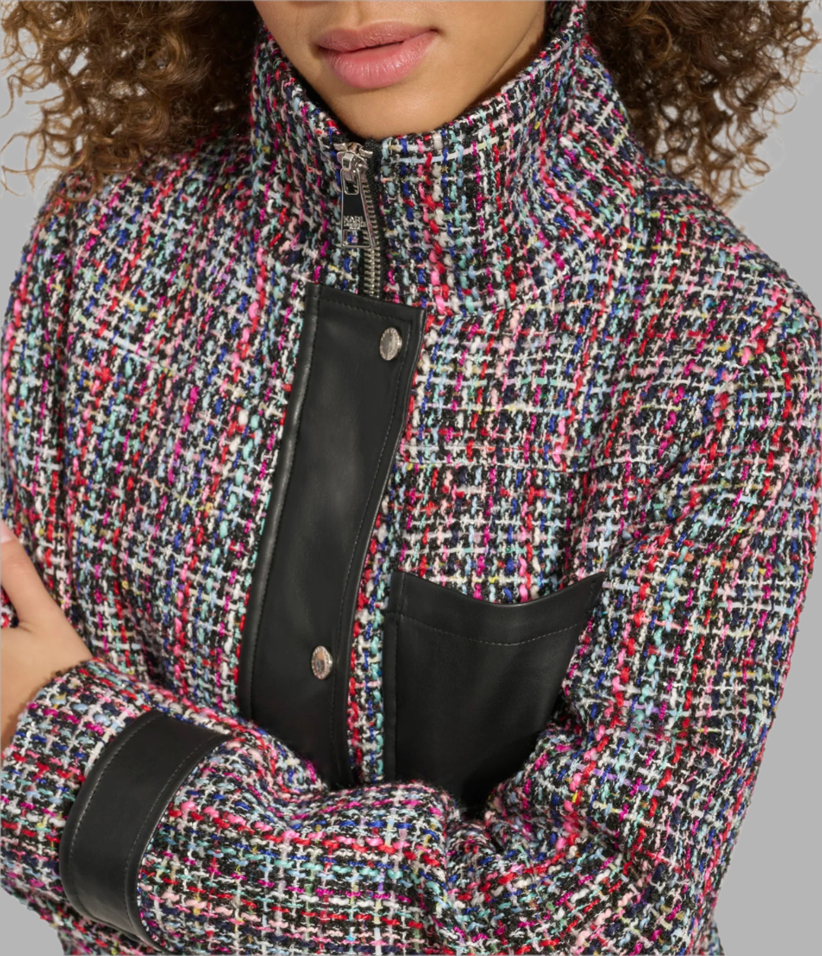 TWEED AND FAUX LEATHER FRONT ZIP JACKET VIEW 6 | Jackets & Coats