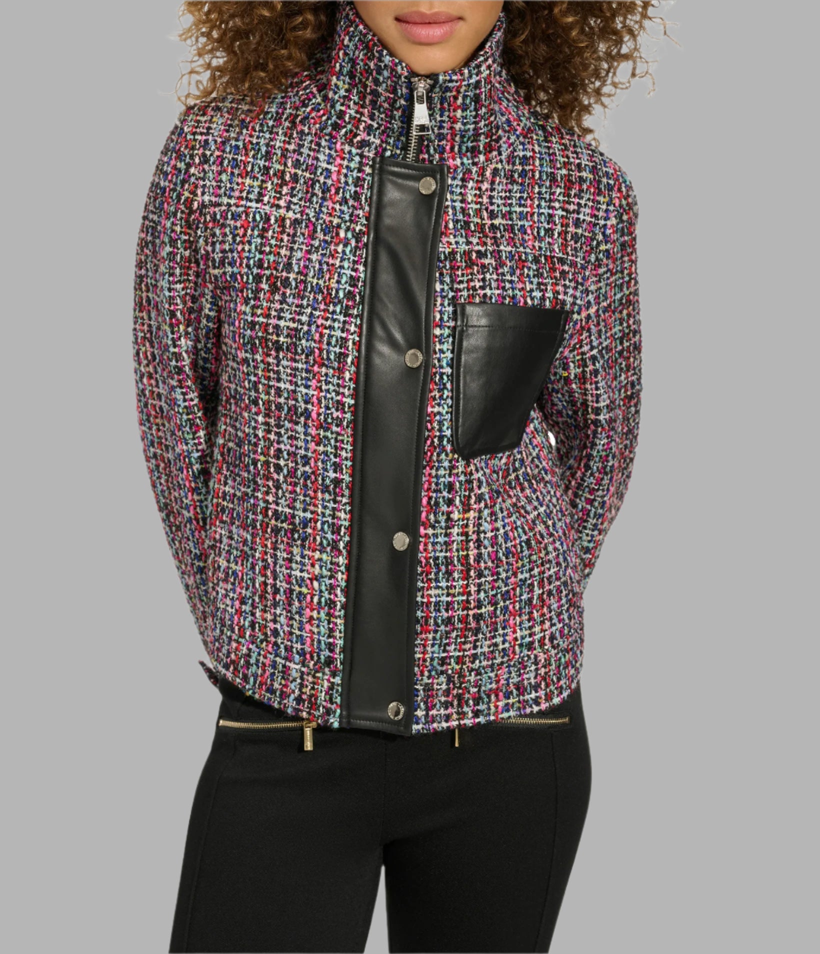 TWEED AND FAUX LEATHER FRONT ZIP JACKET VIEW 3 | Jackets & Coats