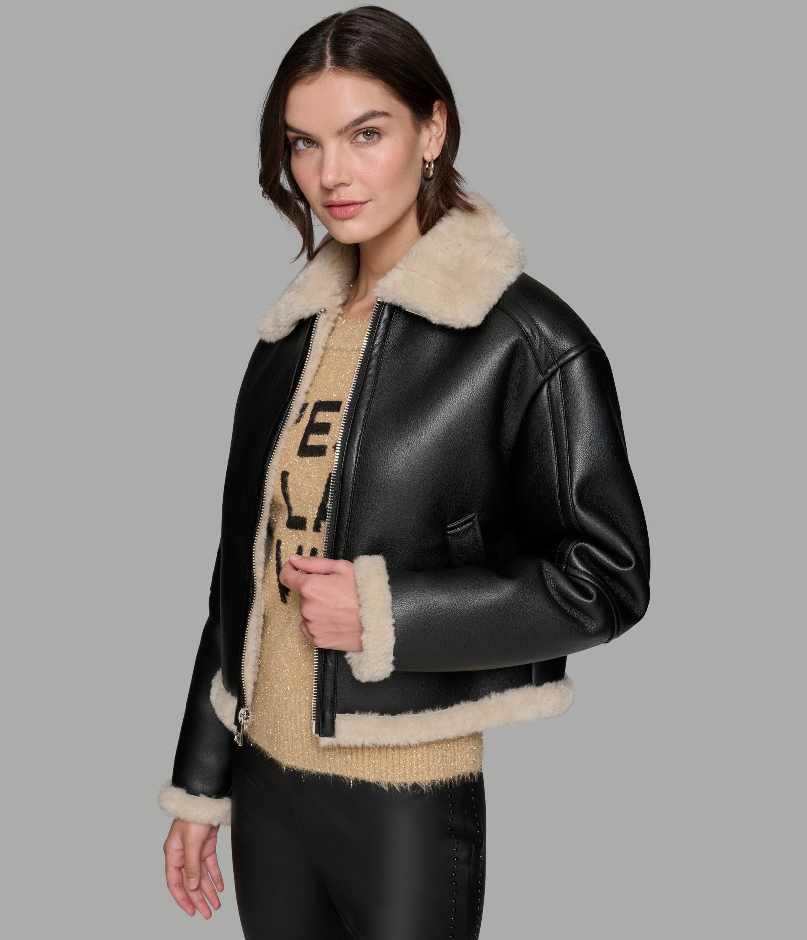 CROPPED FAUX LEATHER JACKET WITH FAUX SHEARLING View 1 | Women's Sale