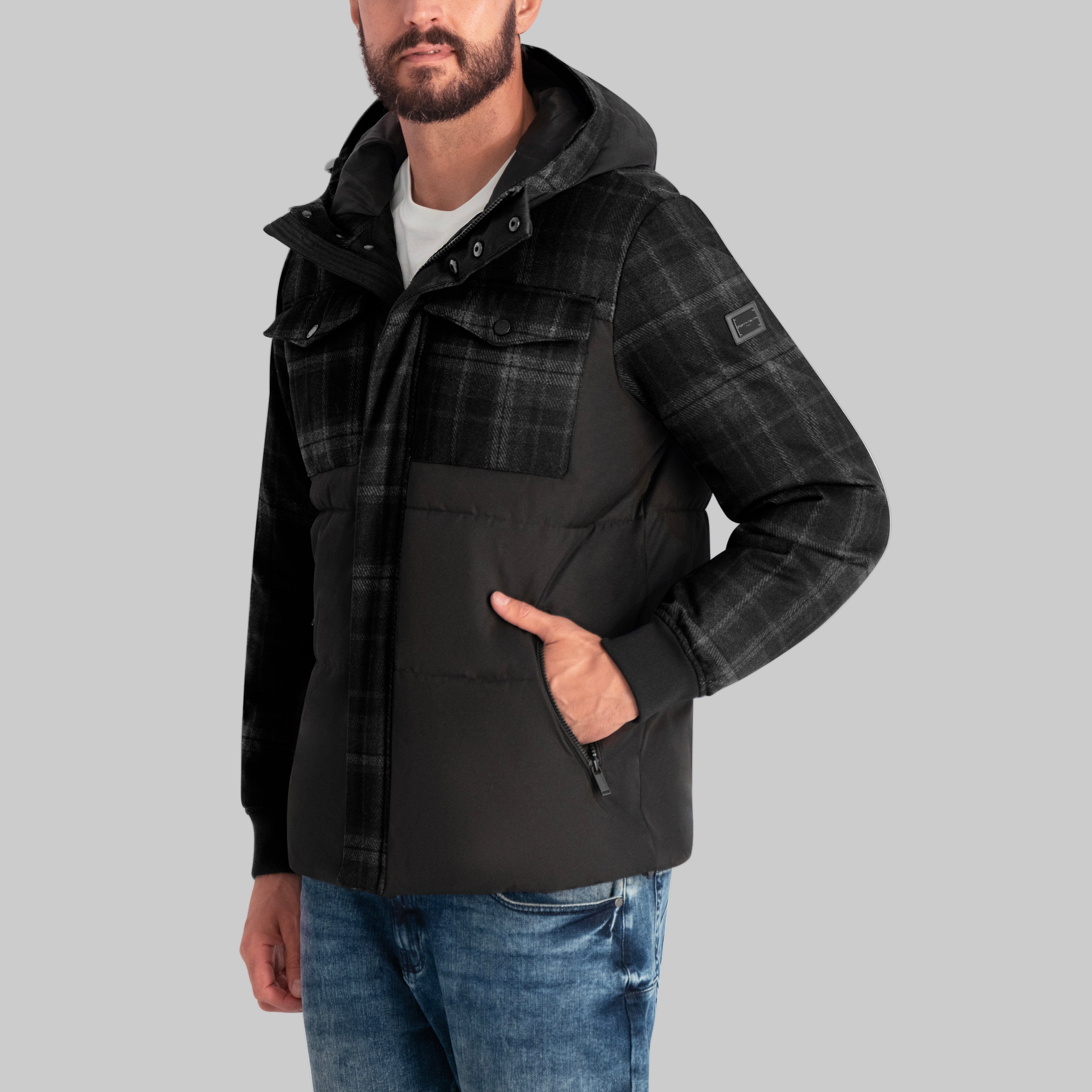 MIXED MEDIA HOODED PUFFER VIEW 3 | MEN'S FALL COLLECTION